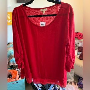 Style & Co Ruched Sleeve Top w/ Chiffon Trim in Red Polish Size: 3X